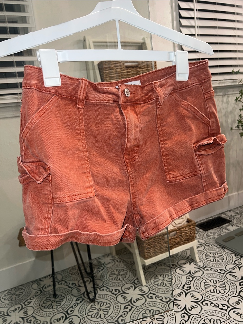 Zenana Outfitters Washed Rust Orange Cargo Shorts